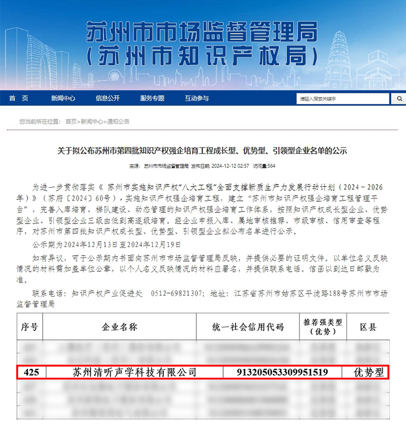 清聽聲學(xué)憑借卓越的知識產(chǎn)權(quán)管理與創(chuàng)新能力,成功入選“優(yōu)勢型企業(yè)”。